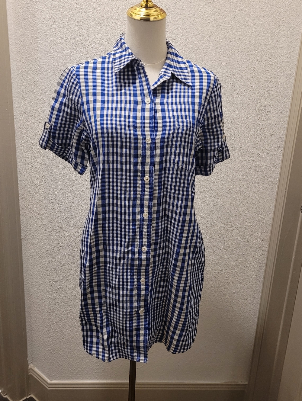 Theory Blue Gingham Linen Blend Shirt Dress Size 6 Preppy Summer Vacation